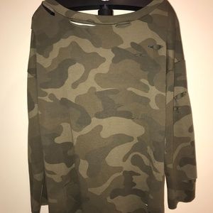 New Tobi Off Shoulder Destroyed Camo Sweater Dress